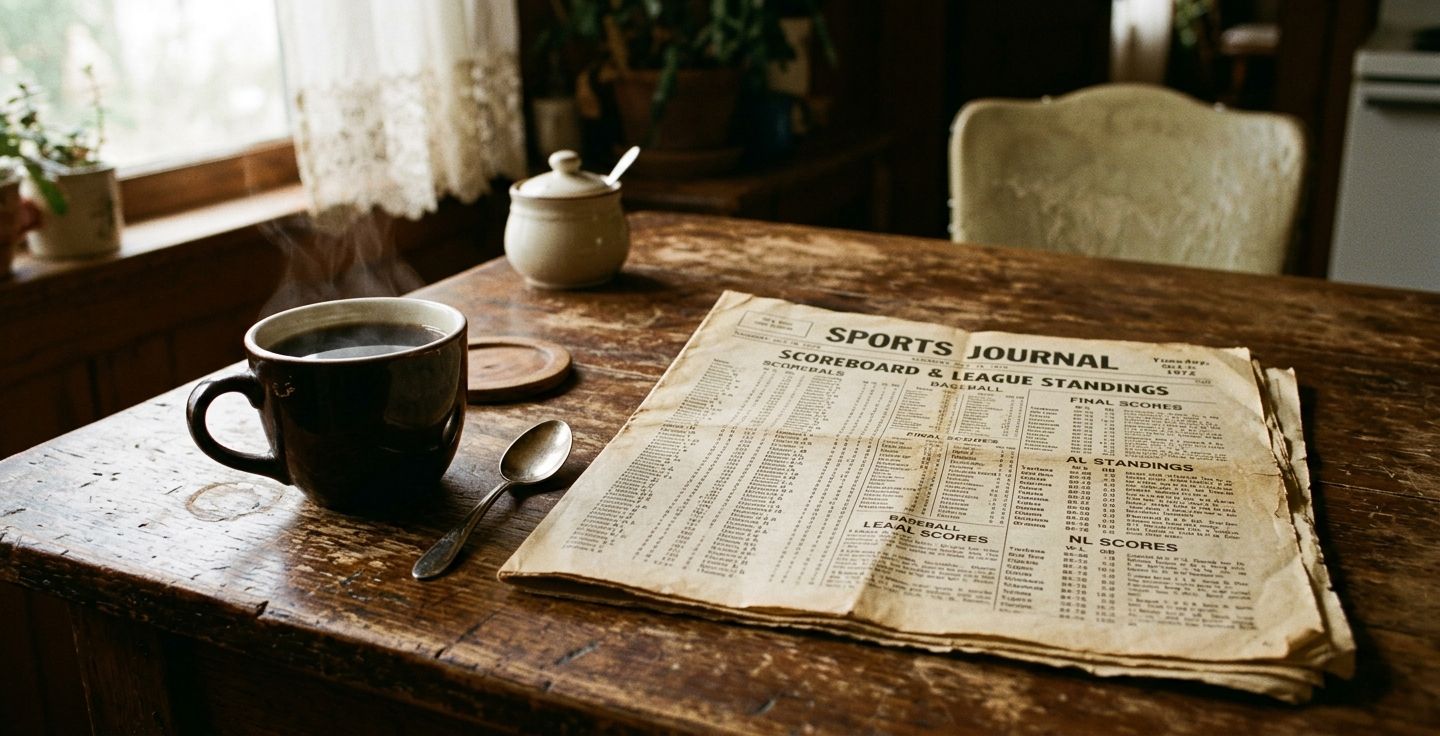 A nostalgic scene of a wooden kitchen table with a hot cup of black coffee next to an old newspaper opened to the sports page showing columns of numbers