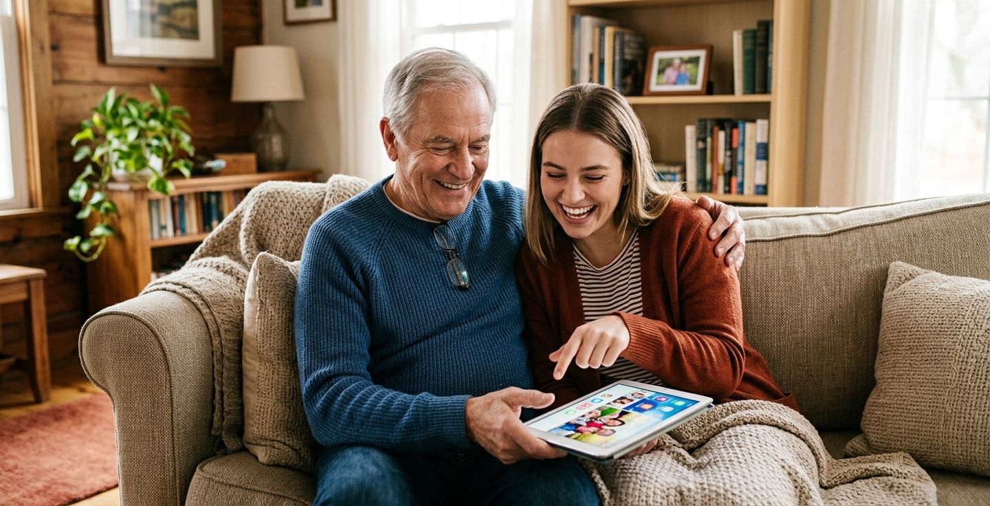 A cozy living room scene where an older man and a young woman are sitting together on a sofa smiling brightly while looking at a modern digital tablet