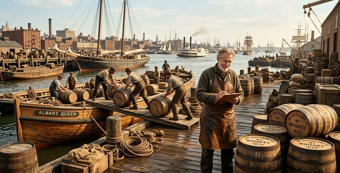 A bustling nineteenth century river dock scene in New York with workers rolling wooden barrels onto boats and an older friendly man with a leather apron inspecting the cargo in warm sunlight