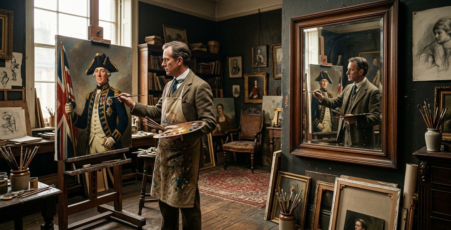 A classic historical artist studio with a painter in early twentieth century clothing looking in a mirror and painting a portrait of a patriotic character on a canvas