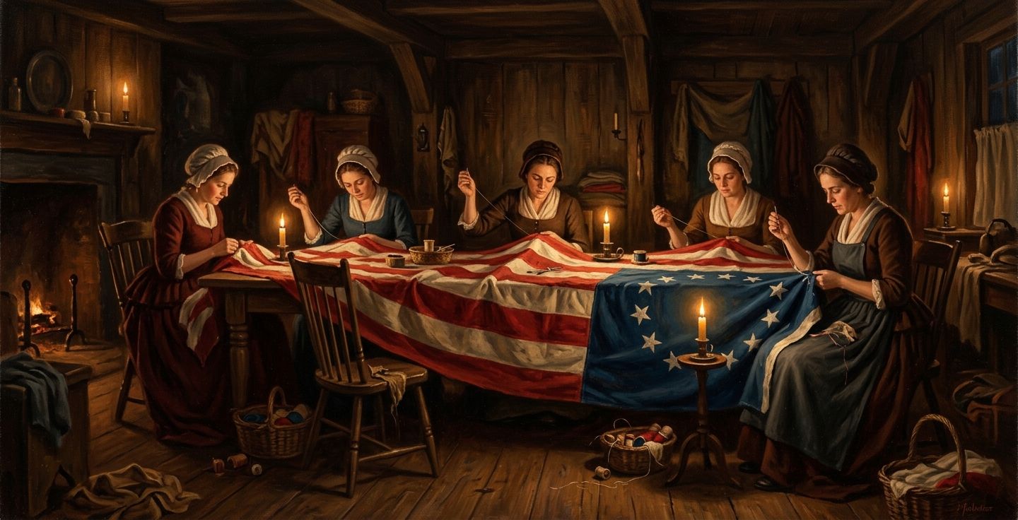 A warm classical painting showing women in long dresses carefully sewing a massive American flag in a dusty dark wooden room lit by flickering candlelight