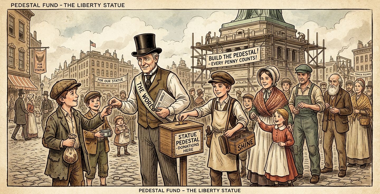 A vintage style illustration of everyday citizens including children and shoe shiners proudly handing coins and pennies to a newspaper publisher to help build a massive statue pedestal