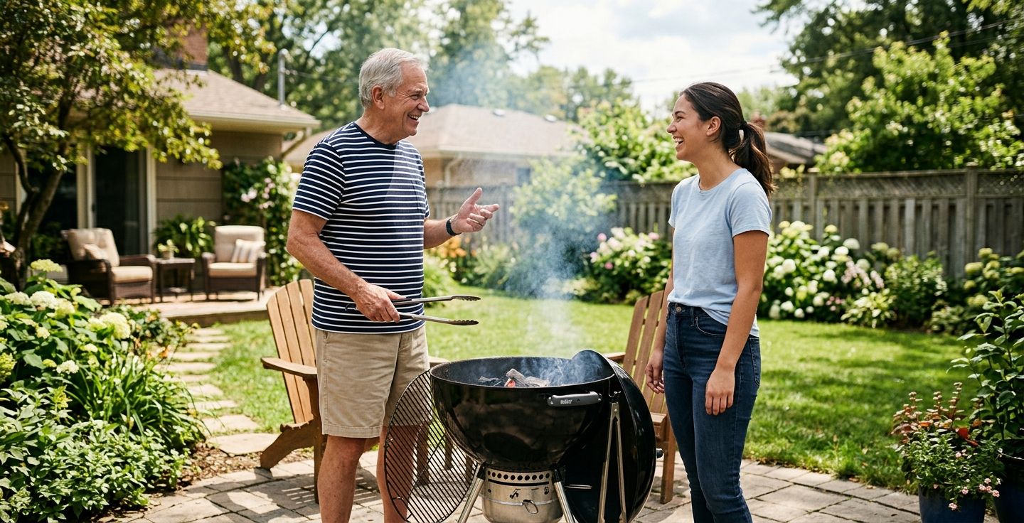 A sunny backyard setting where an older individual and a younger person are standing next to a classic black kettle grill talking and smiling with faint smoke rising into the air