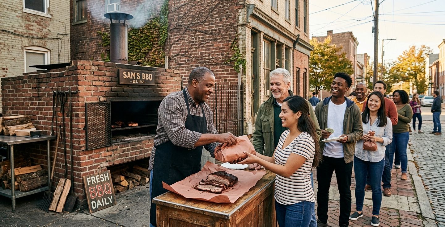 A rustic old brick barbecue pit in a historic city neighborhood with a man wrapping cooked meat in plain paper handing it to a diverse group of smiling people standing in line
