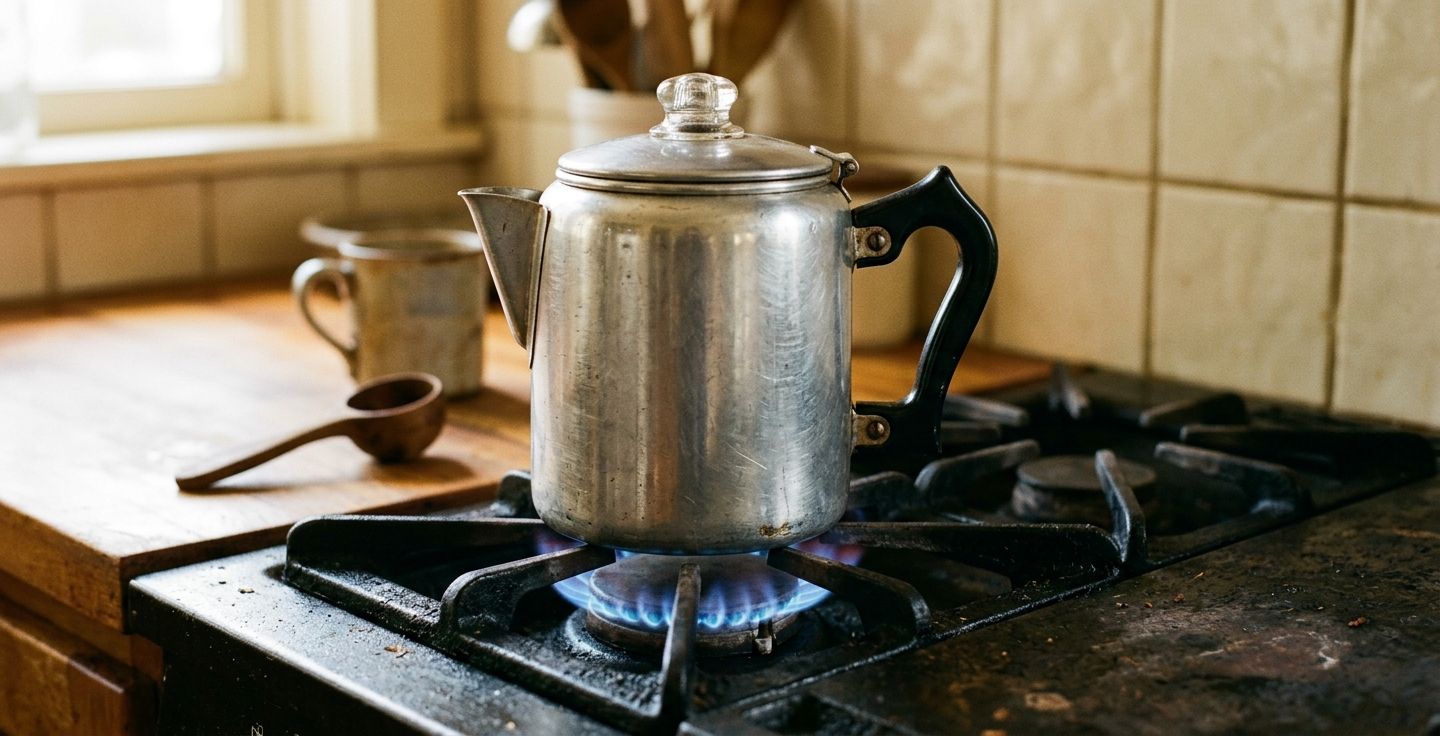 A vintage aluminum percolator resting on a cast iron gas stove top with a soft blue flame glowing underneath