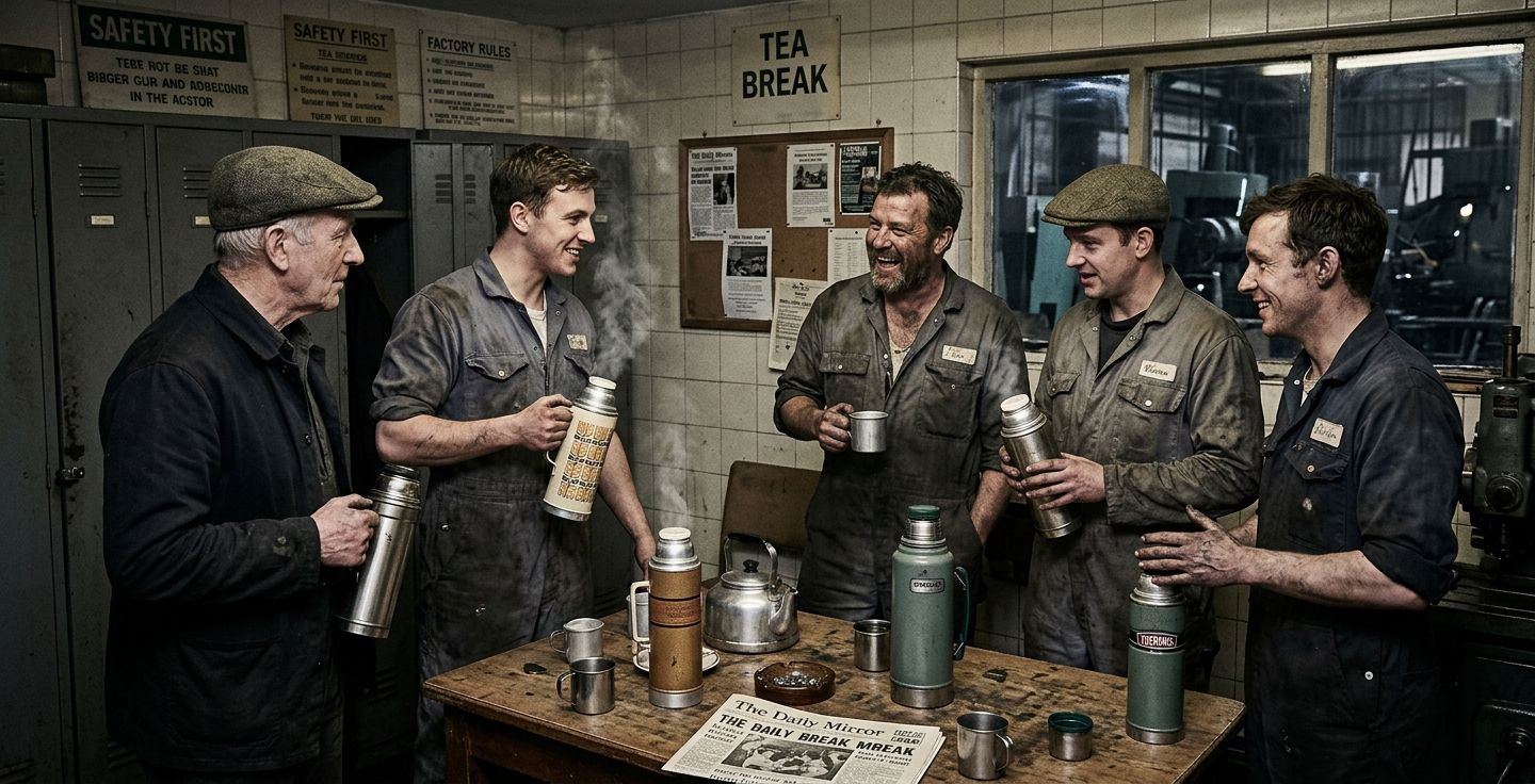 A group of factory workers from the nineteen sixties standing around a break room holding steaming thermoses and talking