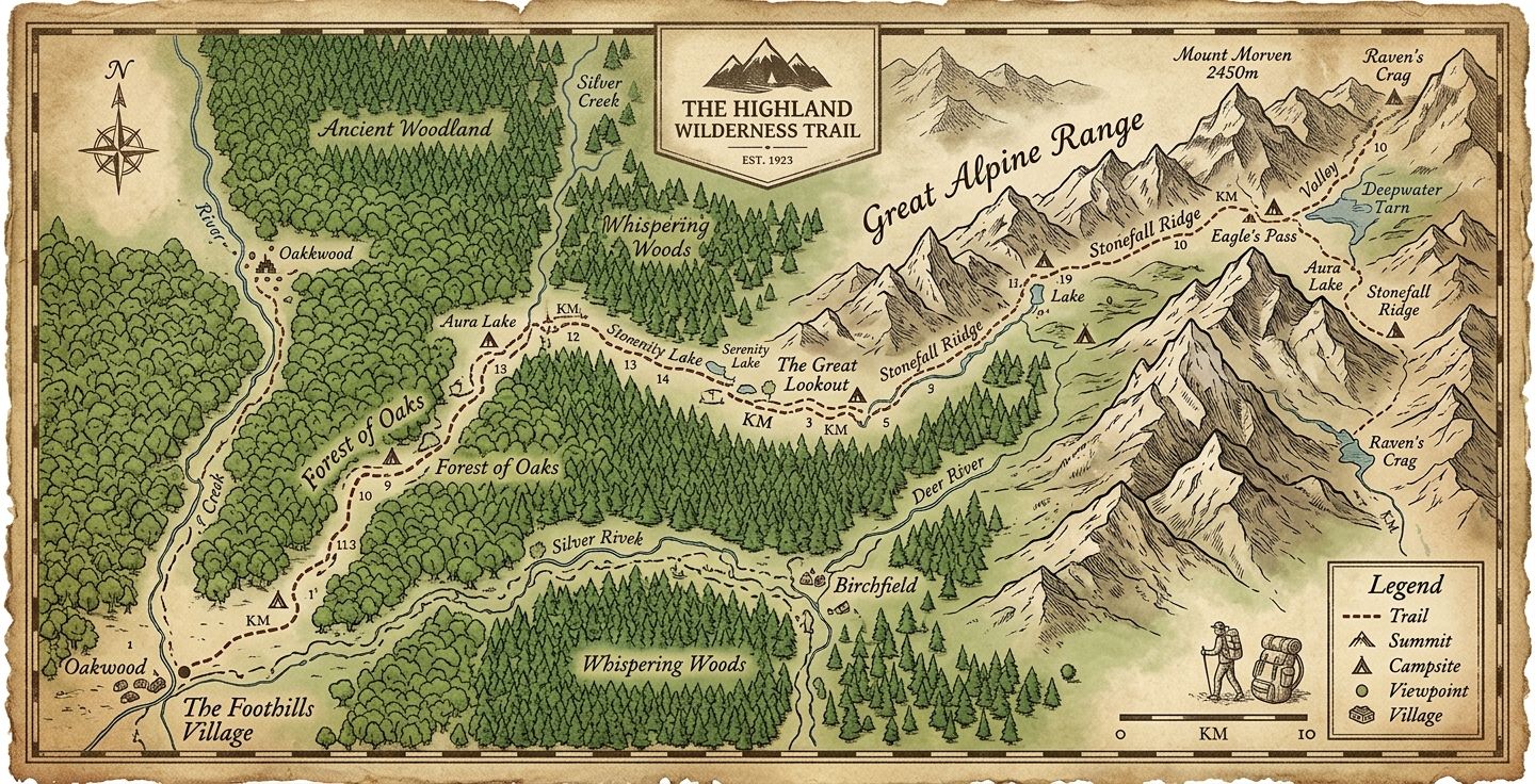 A vintage style map of a long walking path winding through green forests and high peaks