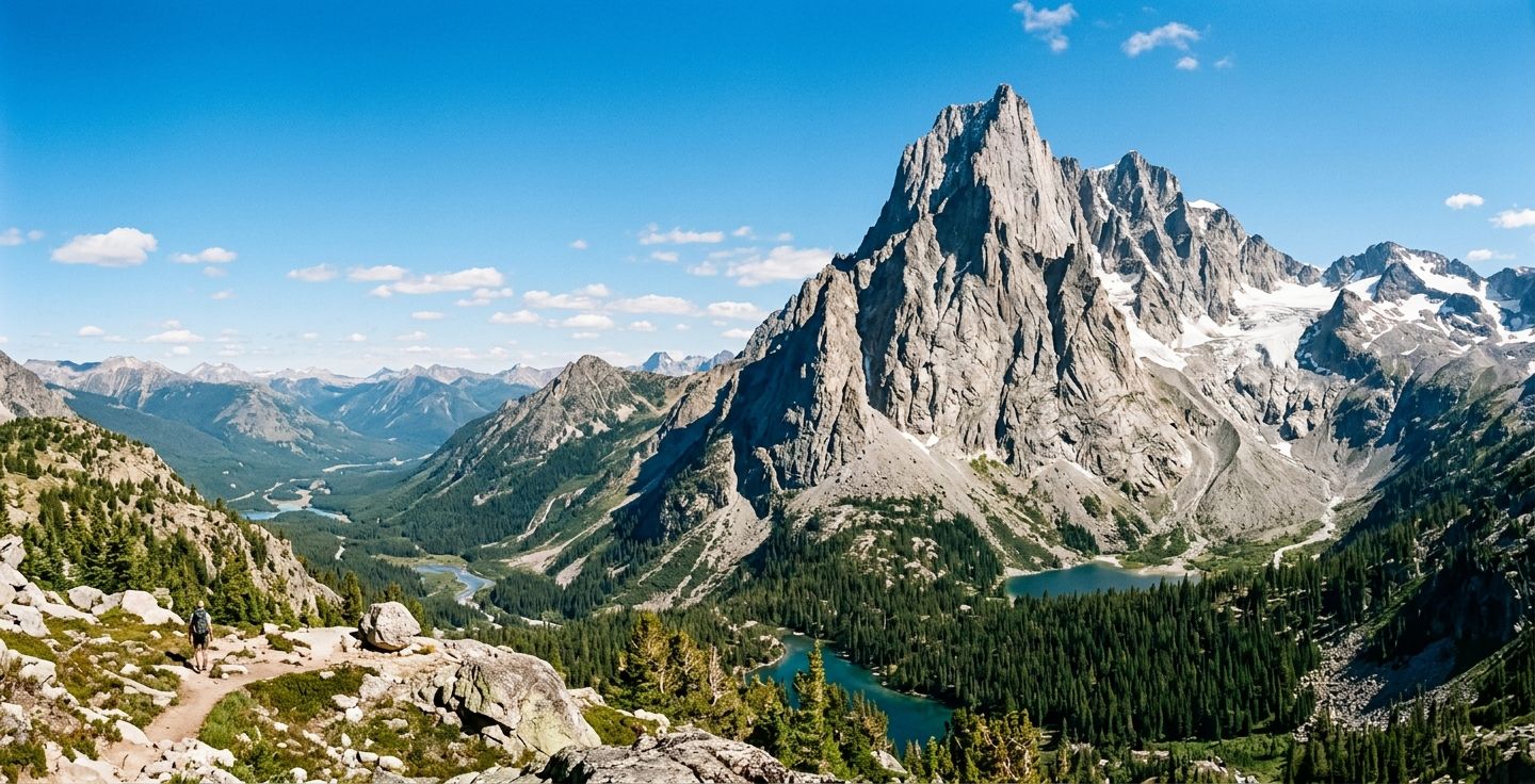 A breathtaking view of a towering granite mountain peak under a clear bright blue sky