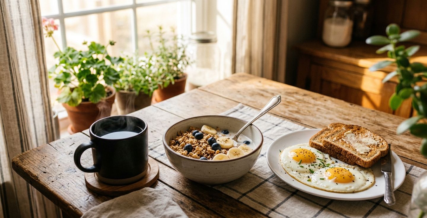 A warm and inviting scene of a classic American breakfast on a wooden kitchen table featuring a bowl of cereal a plate of eggs and toast and a steaming cup of black coffee bathed in soft morning sunlight