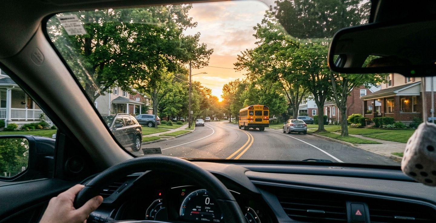 A nostalgic but modern view from inside a car driving down a typical suburban American street at sunrise with mature trees lining the road and a yellow school bus in the distance