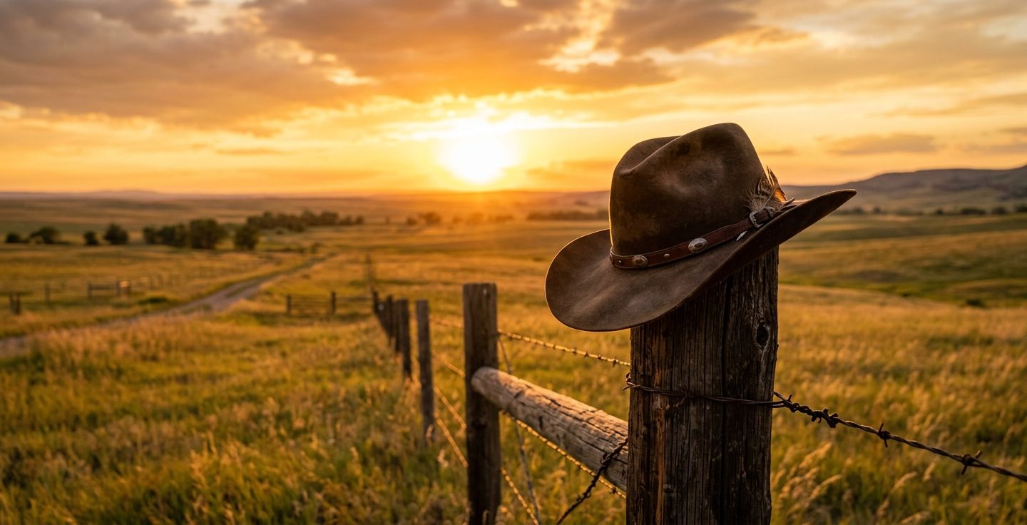 A wide brimmed cowboy hat resting on a rustic wooden fence post with a golden sunset in the background over a grassy plain