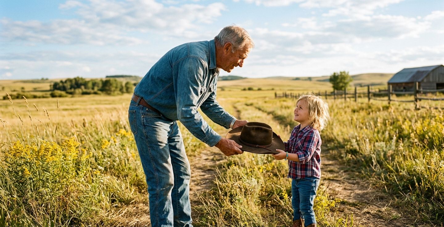 An older man handing a classic cowboy hat to a young child outdoors in a sunny field