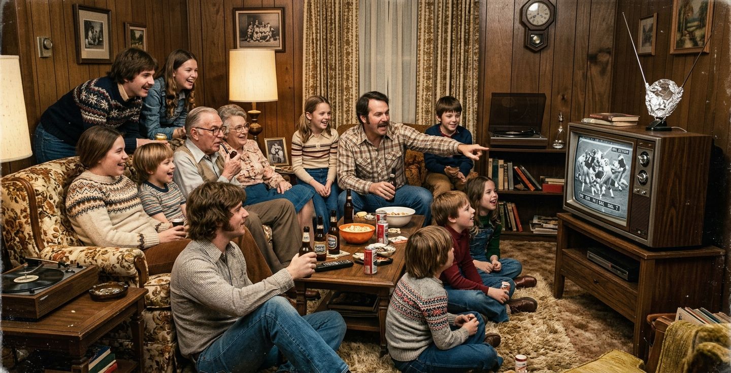 A vintage style photograph of a crowded living room in the late twentieth century with a family gathered around an old television set broadcasting a football game