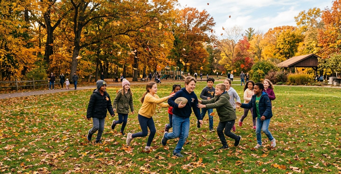 A warm autumn scene at a local park showing children playing a game of touch football on the grass with golden leaves falling from the trees