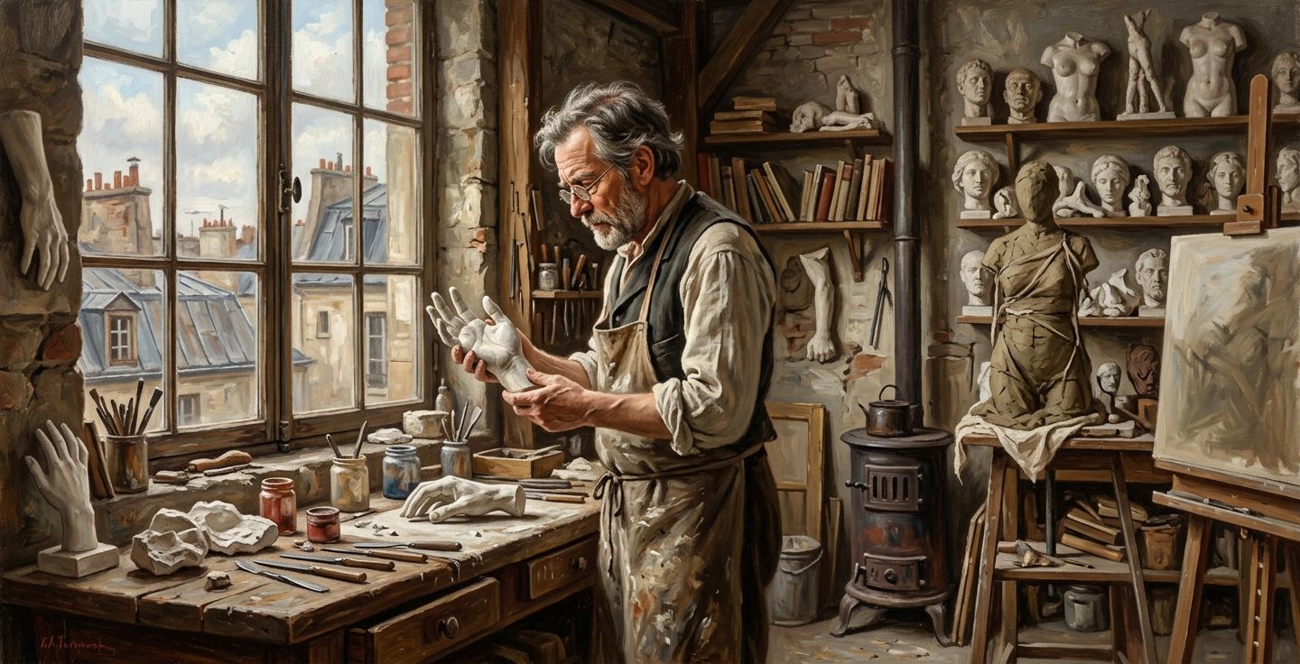 A realistic painting of an older male sculptor in a 1920s art studio examining a plaster cast of a hand with natural light streaming through a large window
