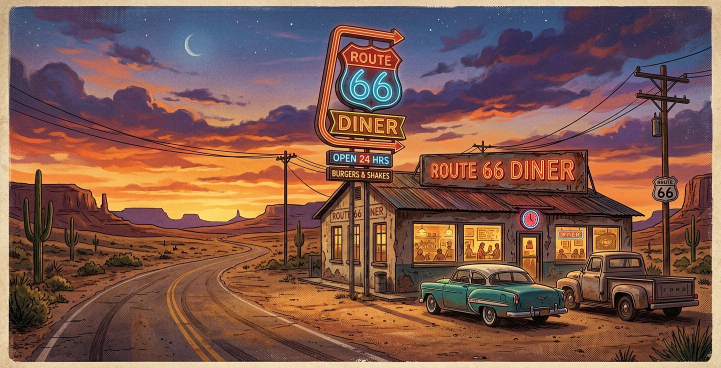 A vintage 1950s style illustration of an old dusty diner with a glowing neon sign on Route 66 in the desert at sunset