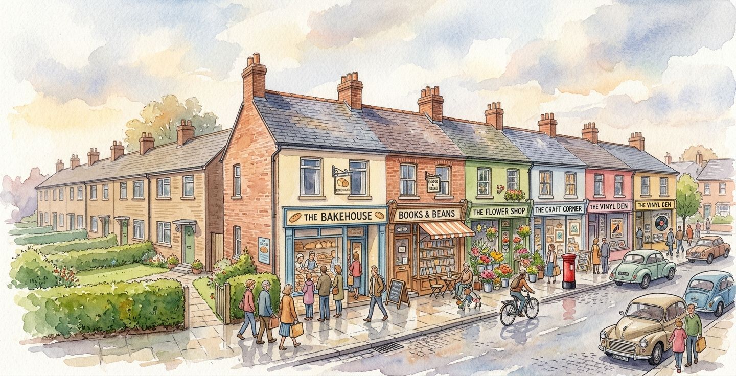 A watercolor style image of an identical row of post war houses turning into a lively street with different small businesses
