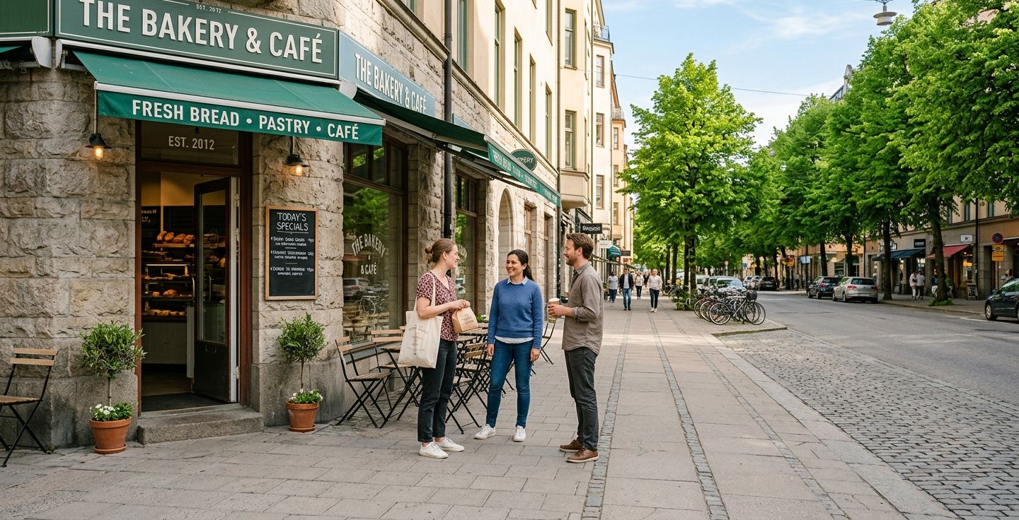 A sunny city block with wide sidewalks where neighbors are talking outside a bakery with green trees along the road