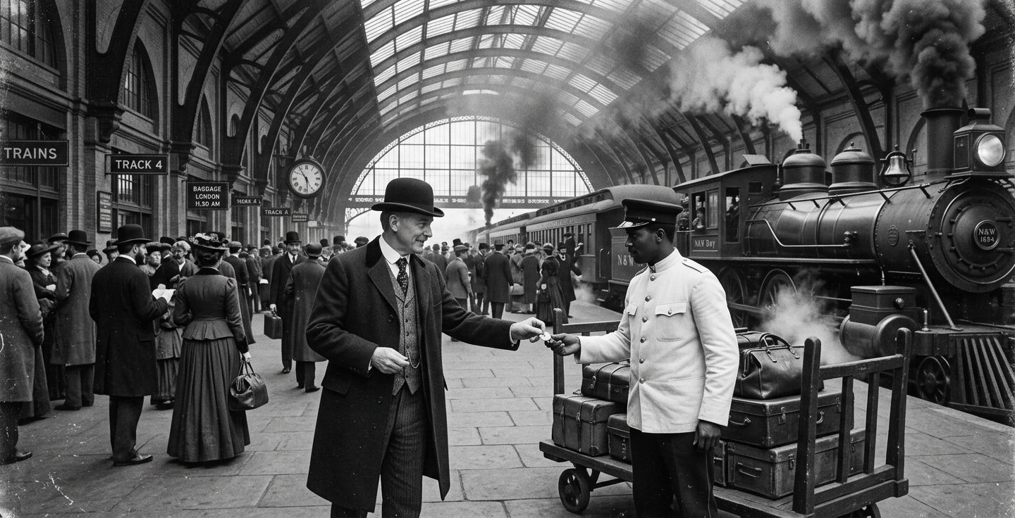 A vintage styled black and white photograph of a bustling 1890s train station hall with steam trains in the background and a well dressed passenger handing a coin to a porter in a crisp white jacket