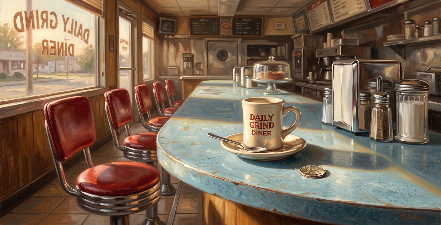 A warm nostalgic painting of an empty diner counter with a ceramic coffee mug on a formica countertop and a shiny quarter left next to the saucer bathed in soft morning sunlight