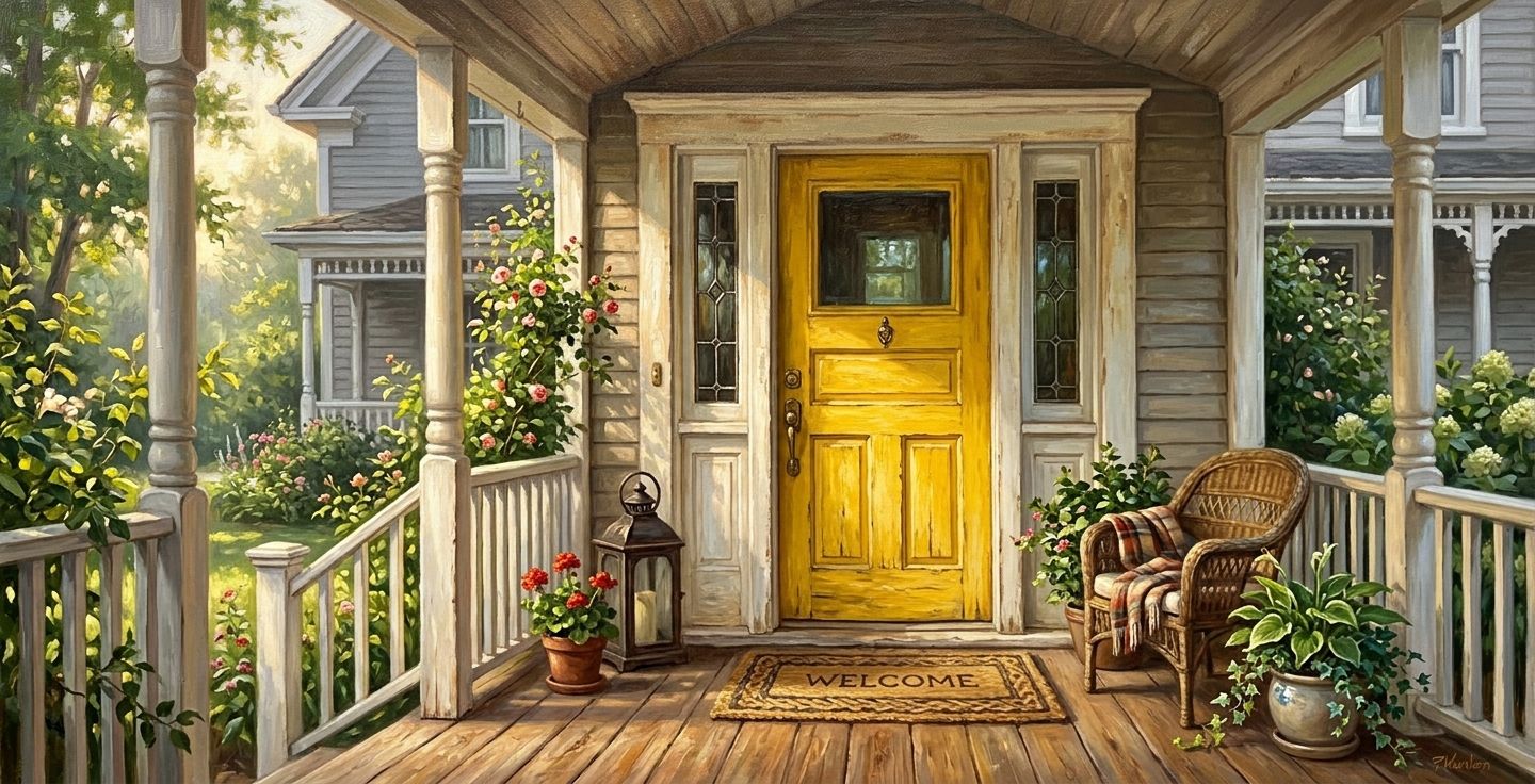 A warm painting of a bright yellow front door on an older American porch with morning sunlight