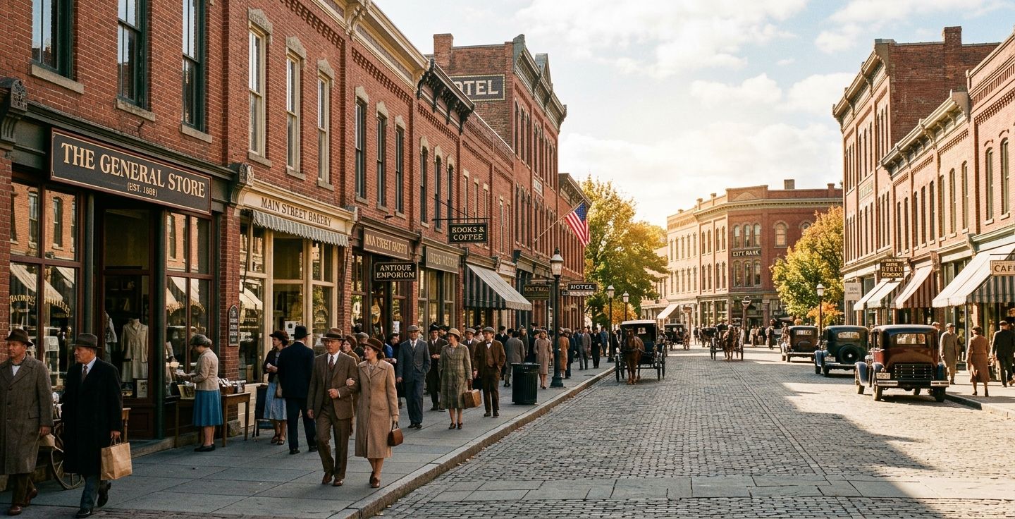 A nostalgic view of a bustling historic main street with brick buildings and people walking in the morning sun