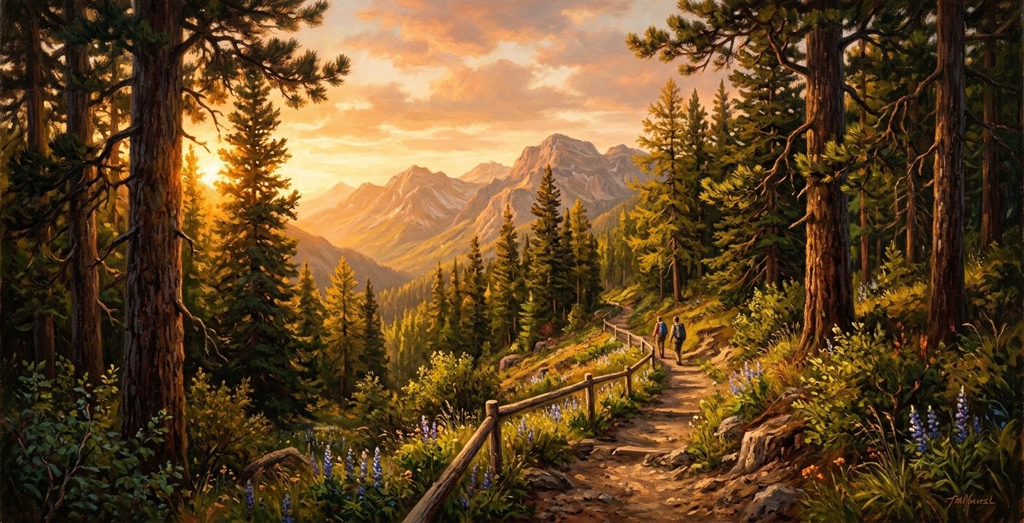 A warm painting of a lush green mountain trail winding through ancient pine trees during golden hour