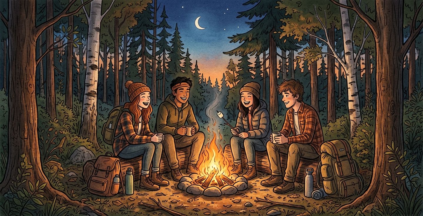 A nostalgic illustration of a group of young hikers sitting happily around a small campfire in a dense forest at dusk