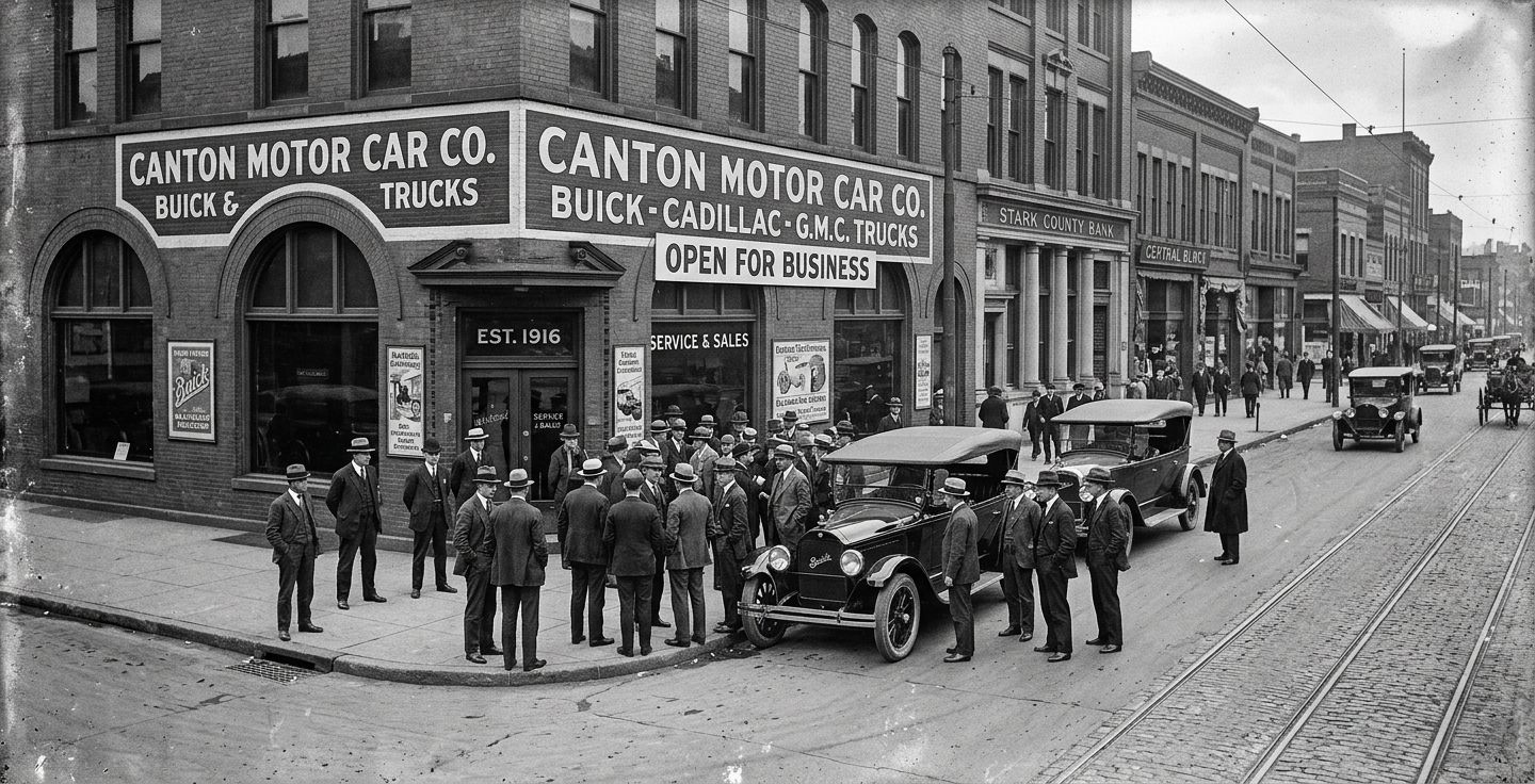 An old vintage black and white photograph showing a bustling street corner in Canton Ohio in the year 1920 with men in wool suits gathered around a classic automobile dealership