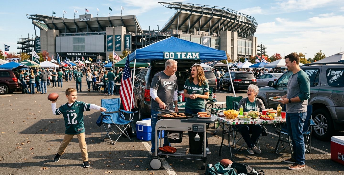 A heartwarming sunny afternoon outside a large sports stadium showing families of multiple generations tailgating laughing cooking food on a charcoal grill and a young boy throwing a football