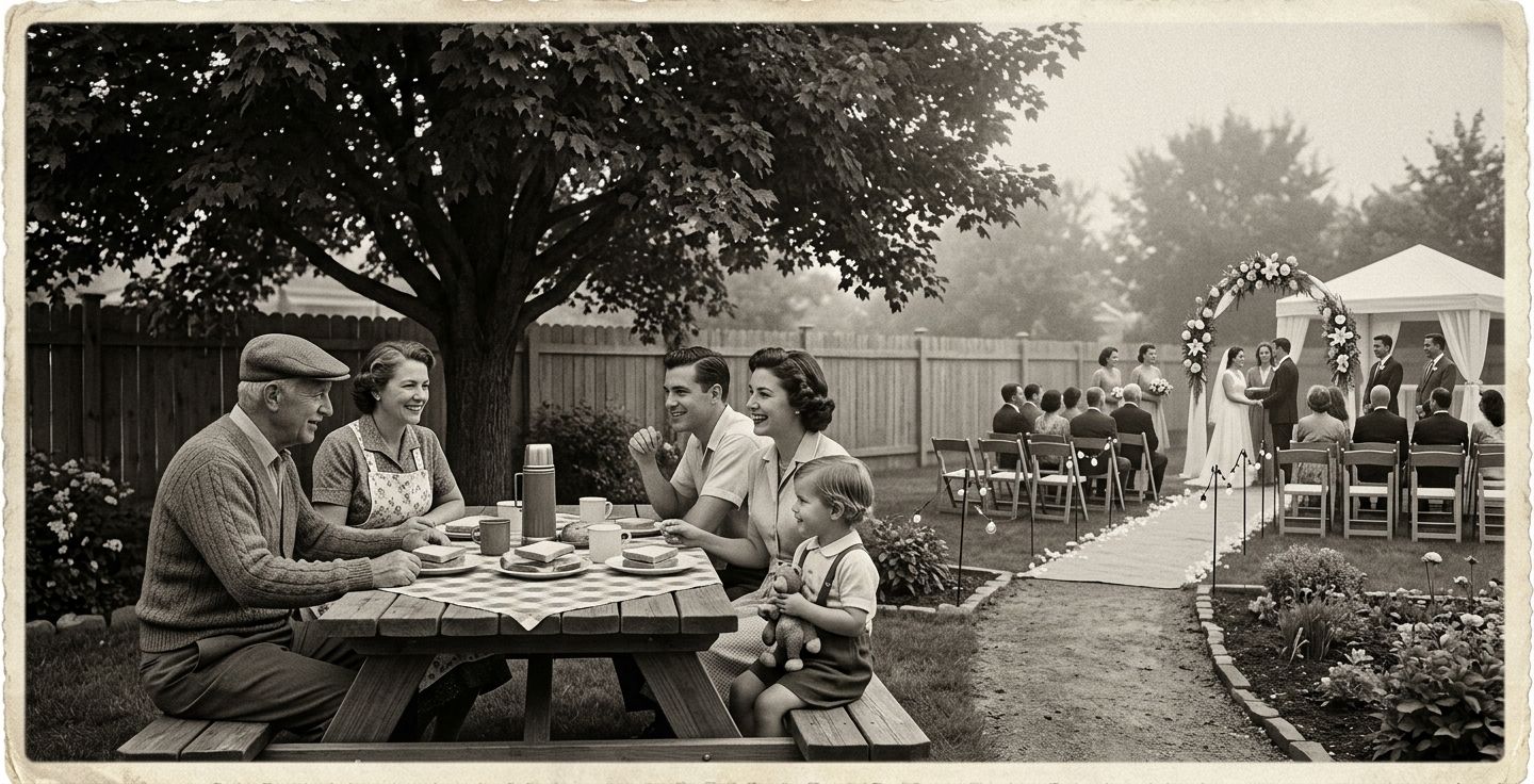 A vintage black and white photograph of a simple backyard family gathering next to a bright modern outdoor wedding ceremony