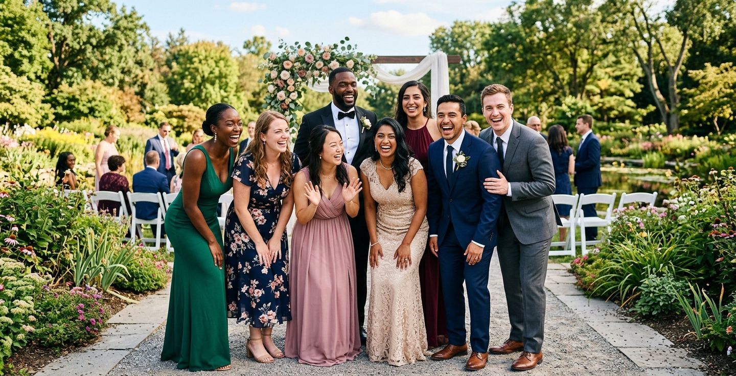 A joyous diverse group of friends in formal wear standing together laughing at a sunny park ceremony