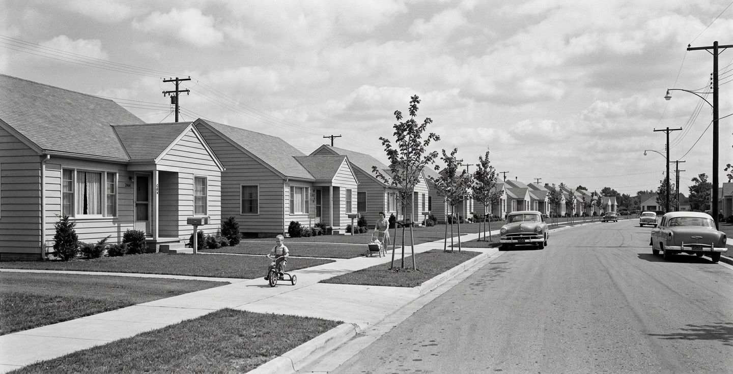 A nostalgic black and white photograph of a nineteen fifties suburban street with identical houses and young sapling trees along the sidewalk.