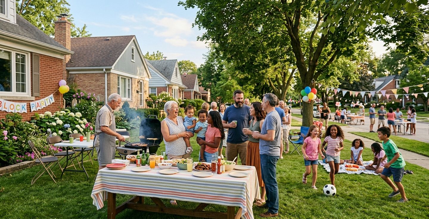 A warm bright photograph of a modern multi generational family and neighbors gathering for a lively block party in a green suburban front yard.