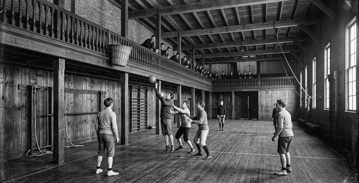 Black and white photograph of an old 1890s indoor wooden gymnasium with a peach basket attached to a balcony