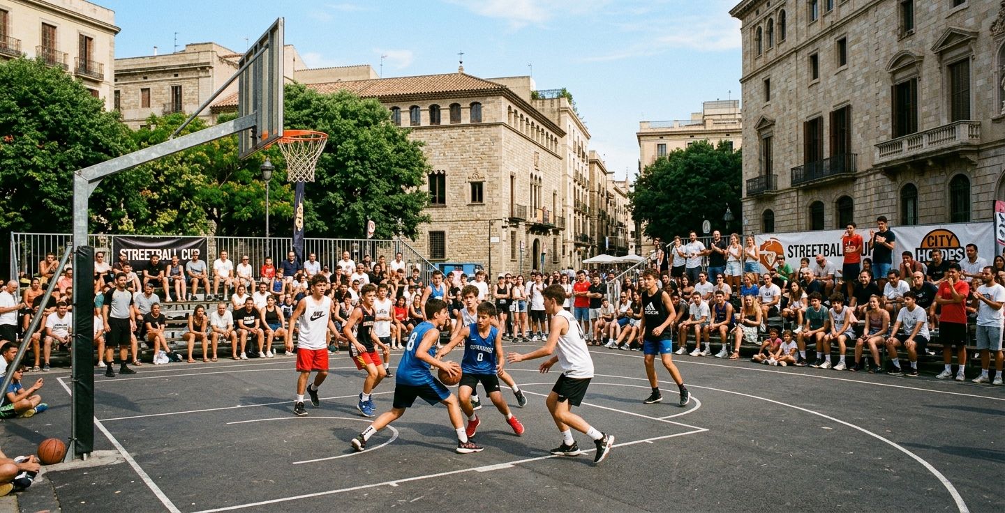 Color photograph of an outdoor basketball court in a European city during summer with people watching a game