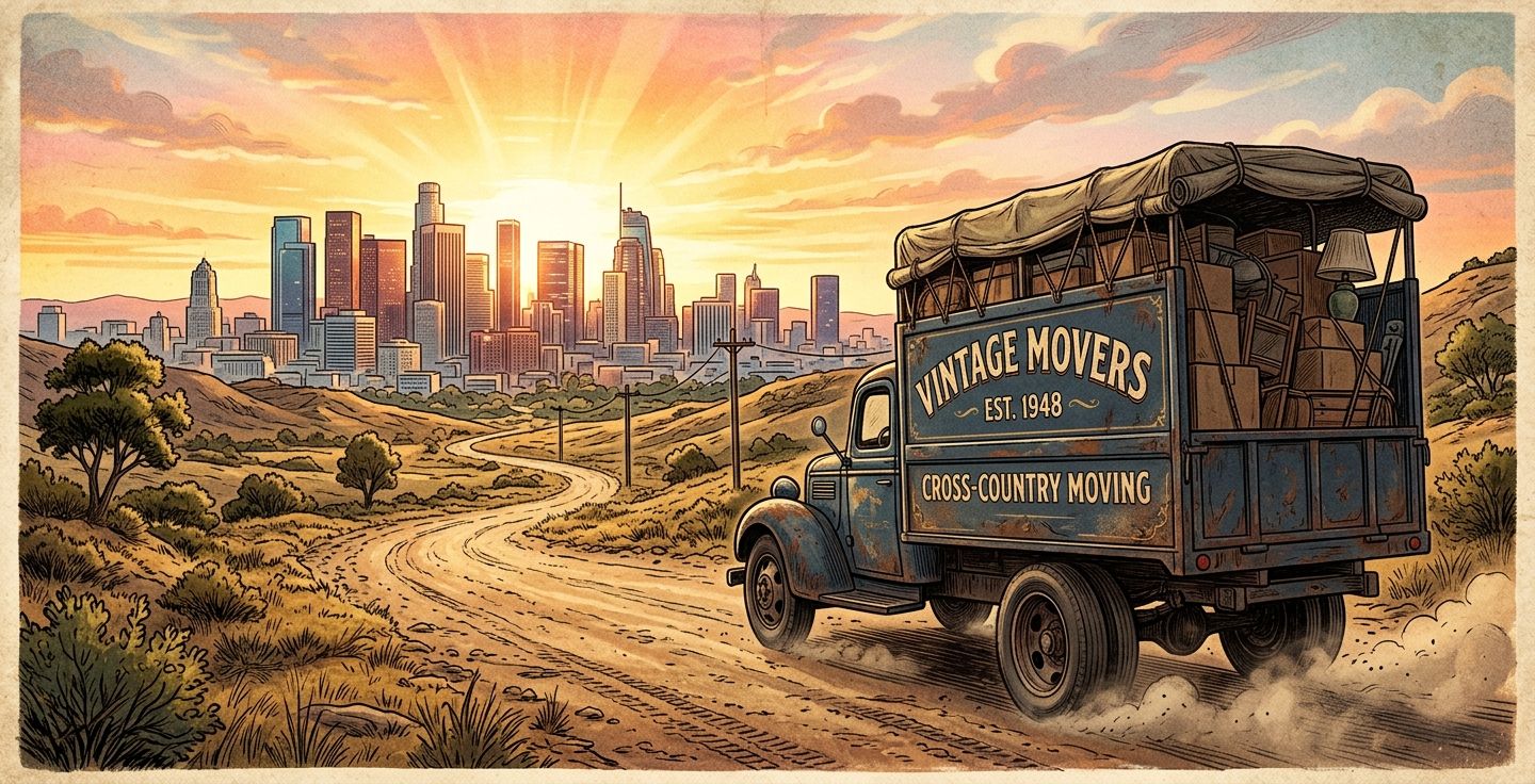 A vintage style illustration of an old moving truck on a dusty road heading toward a modern city skyline in the distance during a bright sunrise
