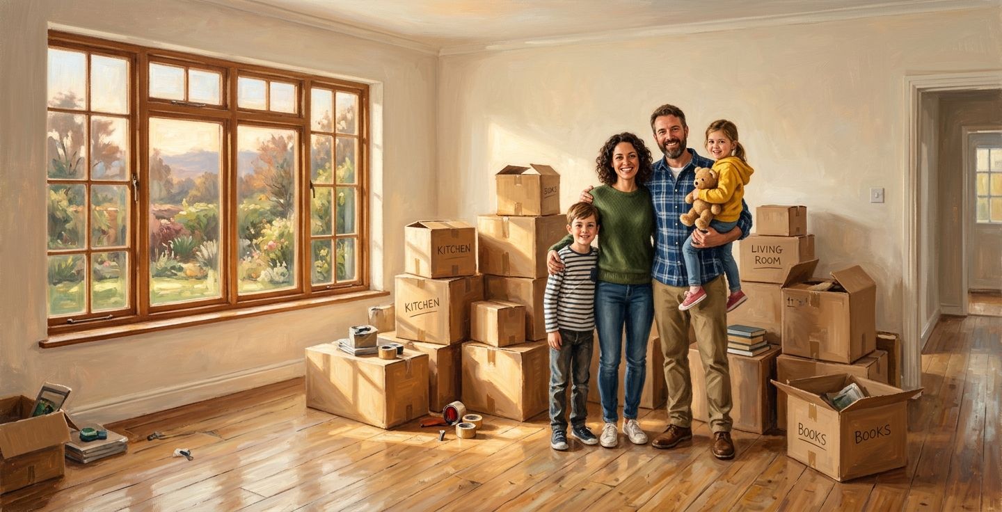 A warm painting of a family standing next to a mountain of cardboard boxes in a new empty living room with sunlight streaming through a large window