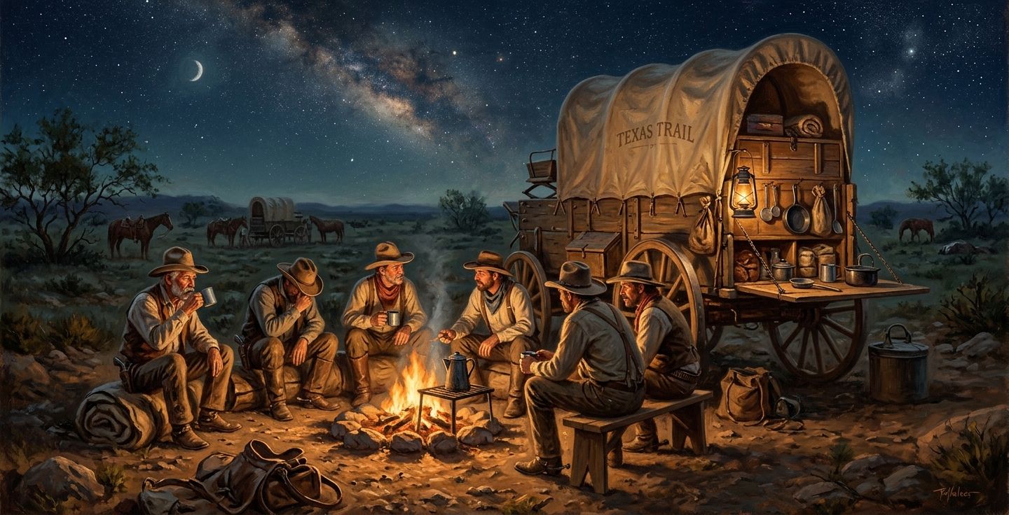 A nostalgic painting style illustration of a rugged mid 1800s chuckwagon on the dusty Texas prairie with a wooden preparation box folded down at the back and tired cowboys gathering around a warm campfire holding tin coffee cups under a starry night sky.