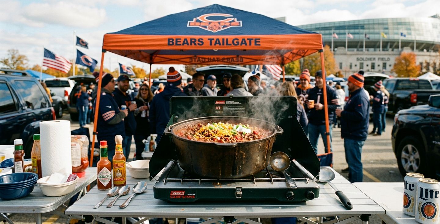A vibrant realistic photo of a large cast iron pot of steaming chili simmering on a portable camp stove in a stadium parking lot during a crisp autumn morning with a colorful pop up canopy and blurred football fans mingling in the background.