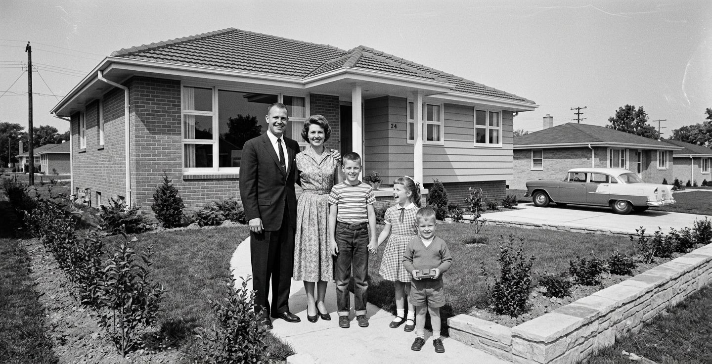 A black and white photograph showing a happy family standing in the front yard of a newly built suburban house in the nineteen fifties