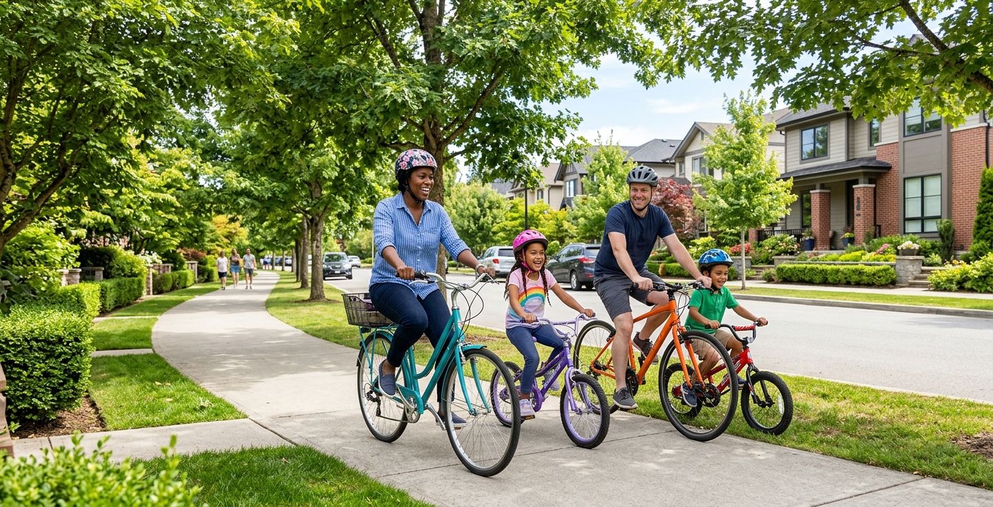 A bright photograph of a modern neighborhood street lined with large mature trees and a diverse family riding bicycles together on the sidewalk