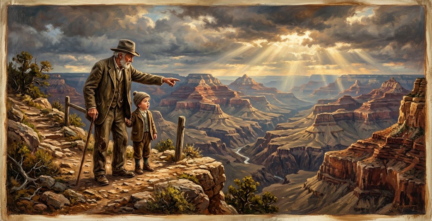 A vintage style painting of an older man pointing at a vast canyon landscape to a young child with sunlight breaking through the clouds