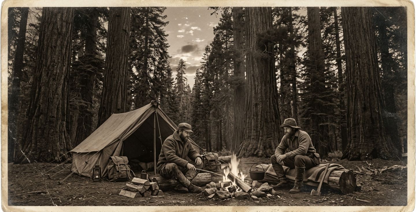 A sepia toned historic looking photograph of two men camping in a giant forest with tall pine trees and a small campfire