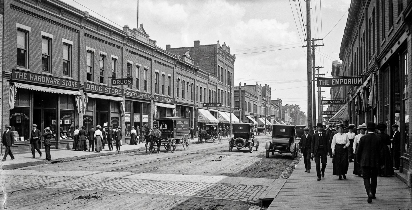 A vintage black and white photograph of an early 1900s American main street with brick buildings and people walking on the sidewalk