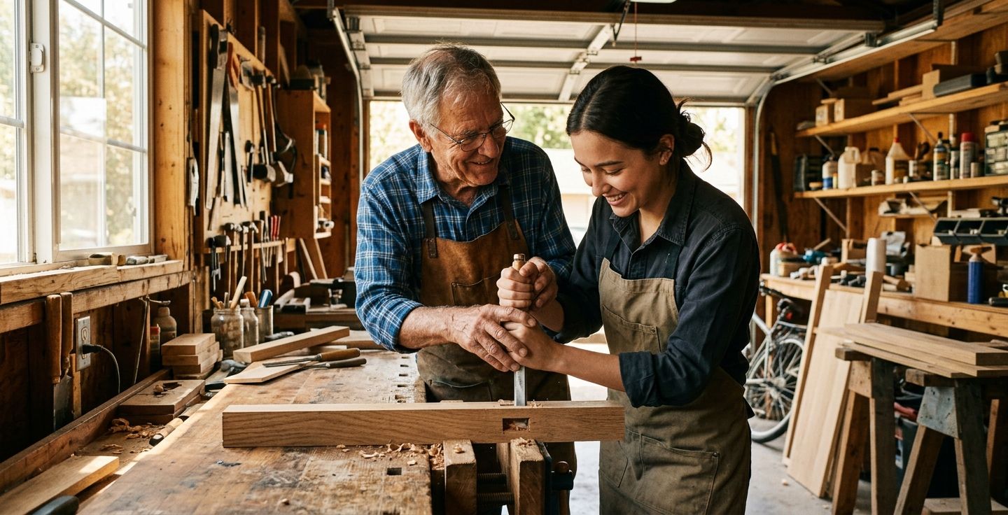A warm photograph of an older person smiling and showing a younger person how to use a woodworking tool in a sunlit garage