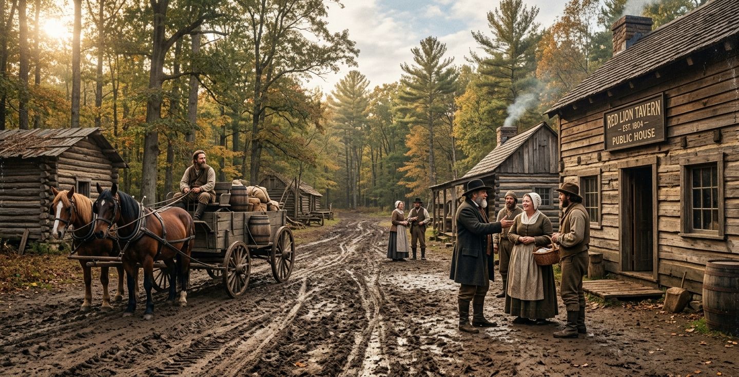 A muddy dirt road in an early 1800s American settlement surrounded by tall trees featuring a wooden tavern a horse drawn wagon and pioneers talking warmly in the morning light
