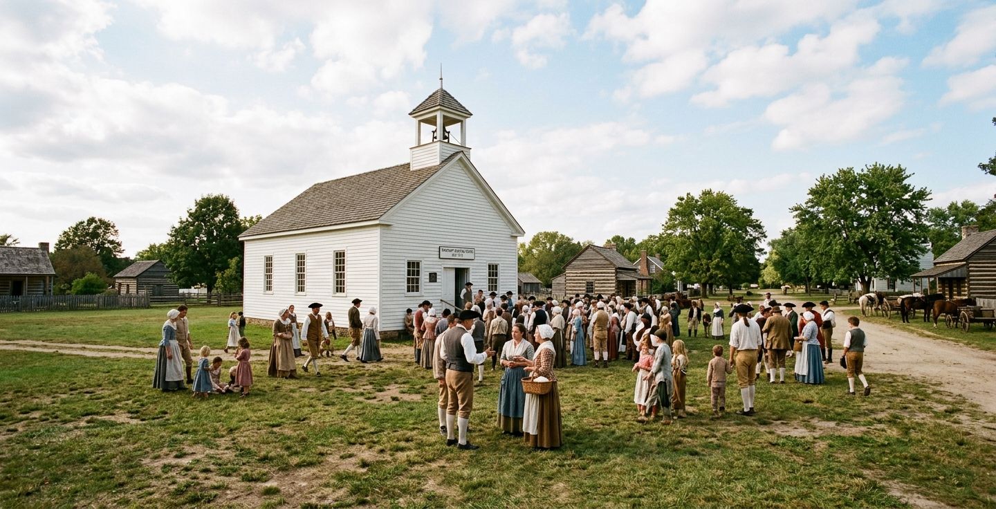 A grassy town square in an early American village with a simple white wooden meeting house pioneers gathering outside and a bright hopeful sky