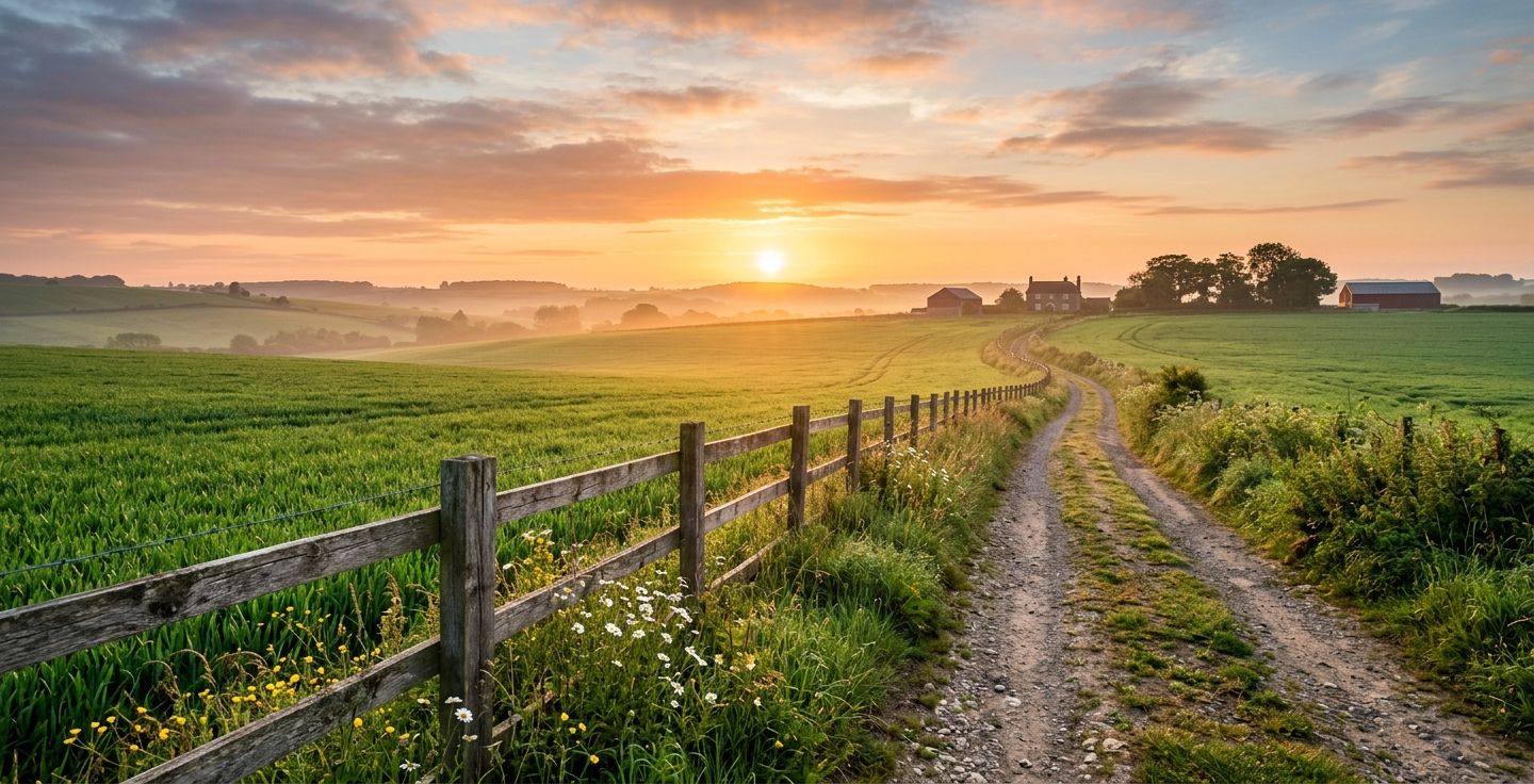 A beautiful sunrise over a green farm field with an old wooden fence and a dirt road