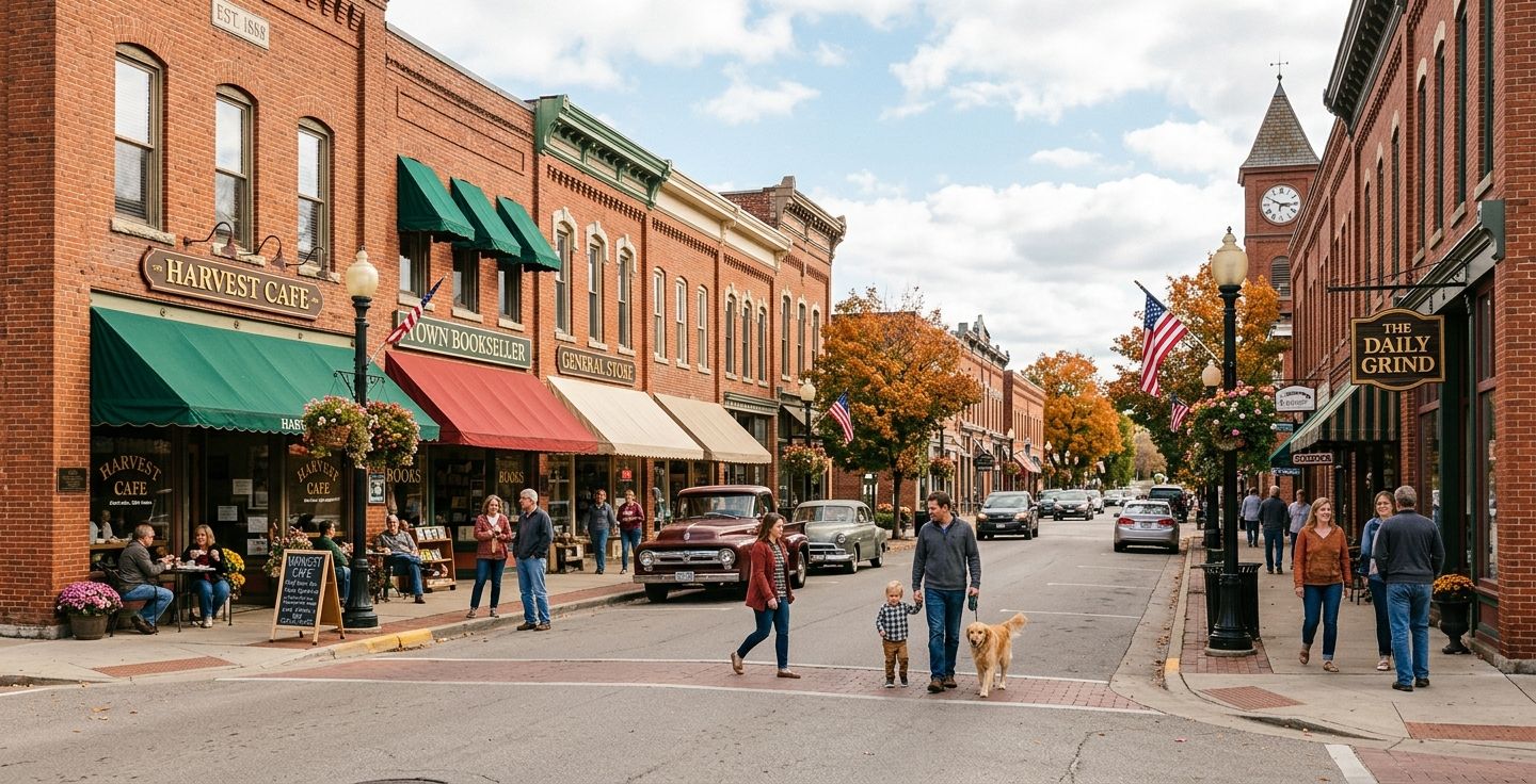A warm and welcoming small town main street with historical brick buildings and friendly people